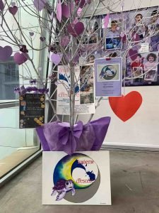Espositore decorativo con albero adornato da cuori viola e avvisi per coliche gassose, allestito in una scatola bianca con logo colorato, all'interno di una stanza ben illuminata.