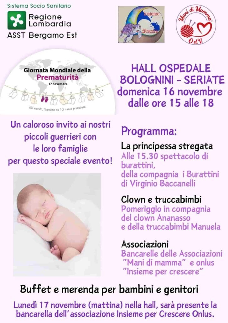 Volantino dell'evento per la Giornata Mondiale della Prematurità presso la Hall dell'Ospedale Bolognini, il 16 novembre, con spettacoli, attività e rinfreschi per bambini e genitori. Immagine di un bambino che dorme in basso.